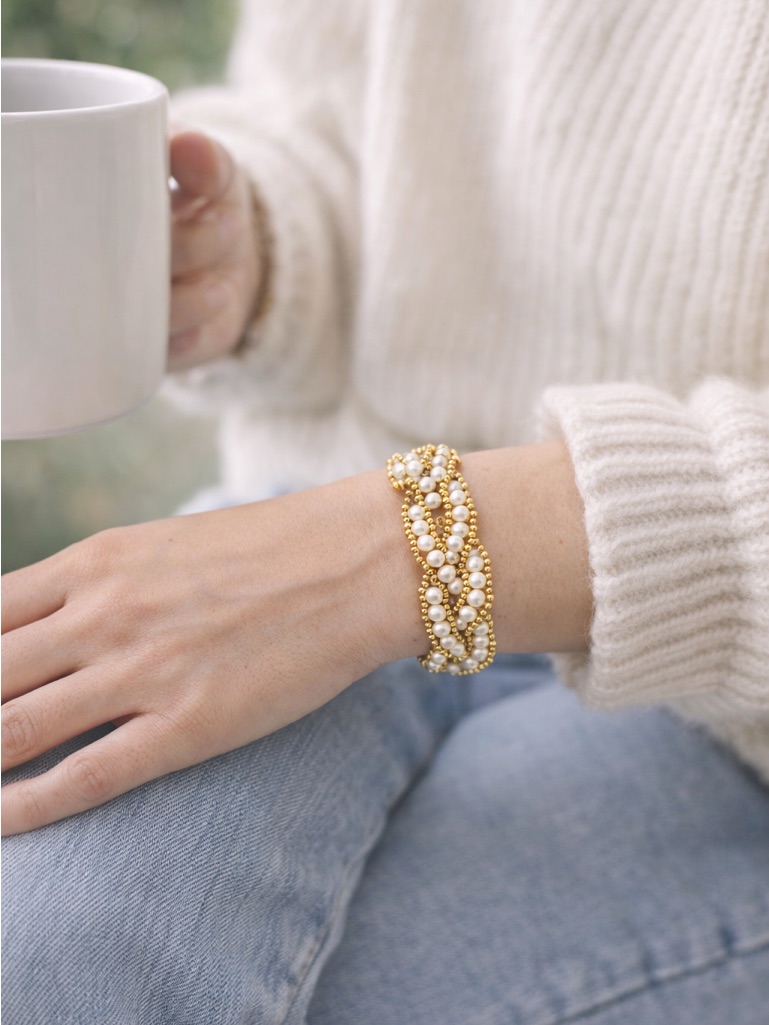 Hand Crafted Gold And Pearl Braided Bracelet - Women Jewelry